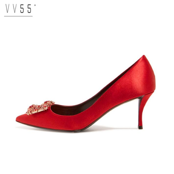 

toe satin women pumps high heels party wedding lady shoes flowers crystal buckle student zapatos mujer point, Black