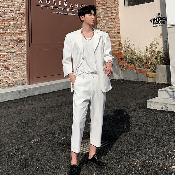 

men suits sets 2pcs (jacket+pant) male streetwear vintage fashion slim fit business casual suit blazer jacket pants, White;black