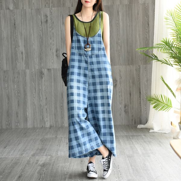 

girl new plaid jeans wide leg pants college style wild casual jumpsuit bib pants women, Black;white