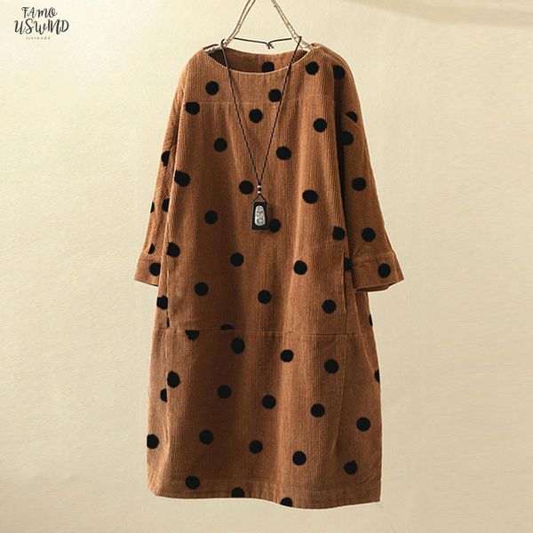 

plus size 5xl corduroy dress fashion women o neck long sleeve dot printed casual dress winter vintage dresses dress vestido inverno @40, Black;gray