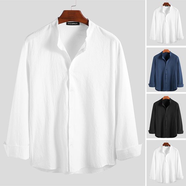 

men full cotton pure color long sleeve shirts vintage chinese style stand collar button down blouse incerun camisa masculina 3xl, White;black