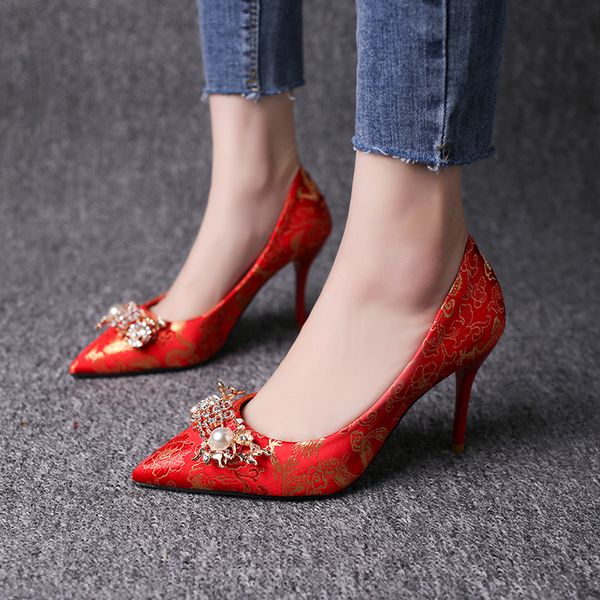 

new pointed toe high heels shoes female fashion pearl red bottom high heels thin heels women pumps luxury shoes women w37-55, Black