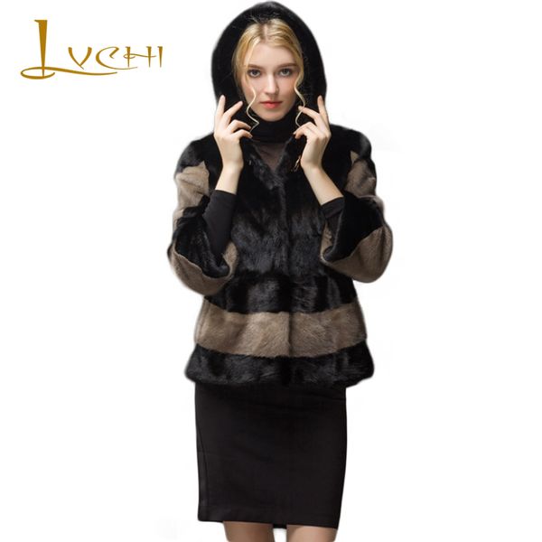 

lvchi cross striped women's real fur coat leather black white fur leather hat sashes v-neck full pelt mink knitted mink coat