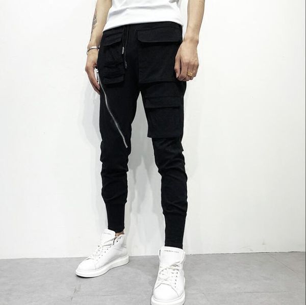 

the new 2018 hair stylist trend stretch slim feet harem pants personality large pocket zipper hip hop casual pants, Black