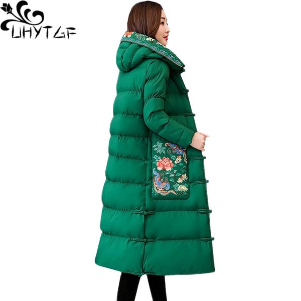 

uhytgf womens down jacket winter coat parka women retro embroidery parkas mujer hooded slim warm long jacket 4xl plus size 441, Black