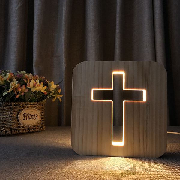 

creative wood cross lamp hollowed-out wood led night lights warm white usb table desk lamp