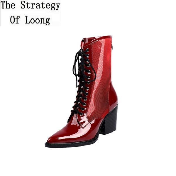 

summer bling women patent leather mesh half mid-calf equestrian boots ladies cross-tied pointed toe gladiator shoes 20200311, Black