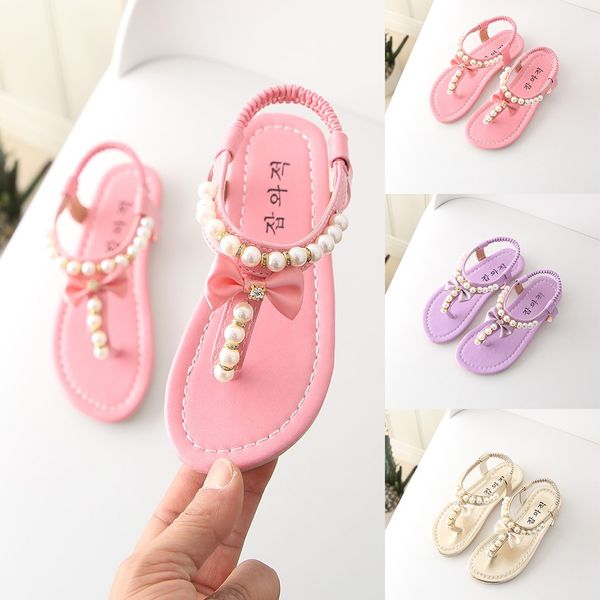 

2019 summer new fashion children baby girl slip-on bead butterfly-knot bowknot rubber sandals pearl princess thong shoes, Black;red