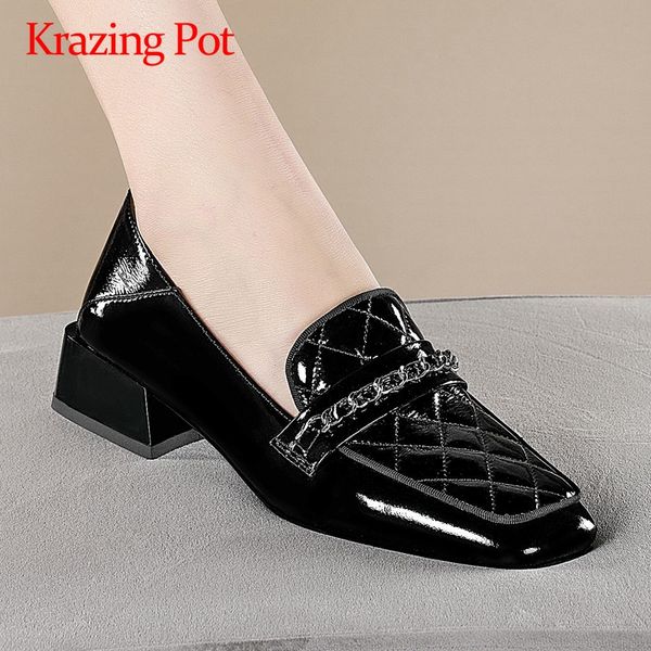 

krazing pot new korean girls real leather gingham chains maiden autumn shoes med square heel square toe slip on women pumps l7f3, Black