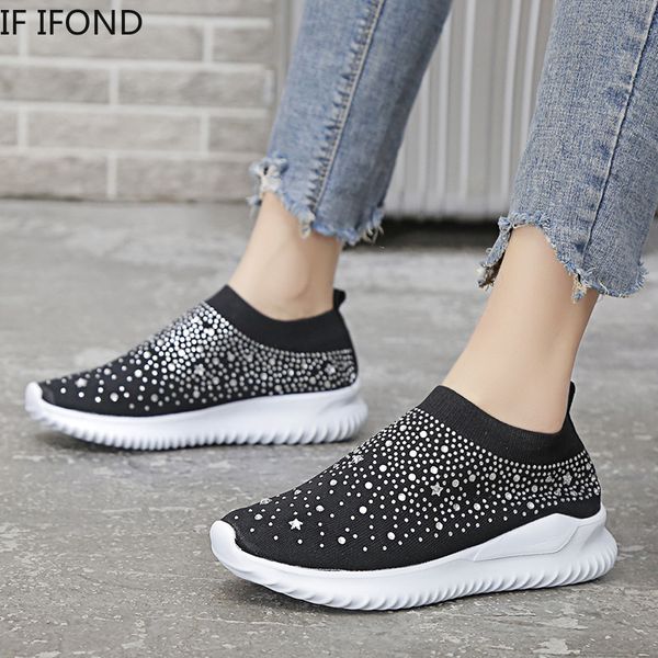 

if ifond 2020 new spring women's sneakers knitting sock plus size ladies slip on breathable casual loafers female comfort flats, Black