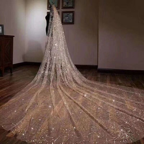 

2019 sparkly bling bling bridal veil cathedral train 3 meters luxury shiny wedding party bridal veil white champagne327m, Black