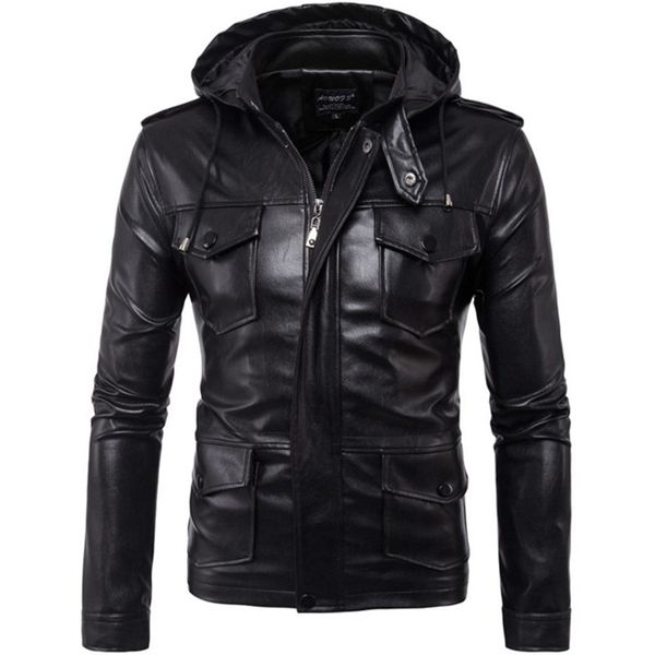 

genuine leather jacket men slim autumn vintage casual style motorcycle hooded male jacket coat clothes, Black