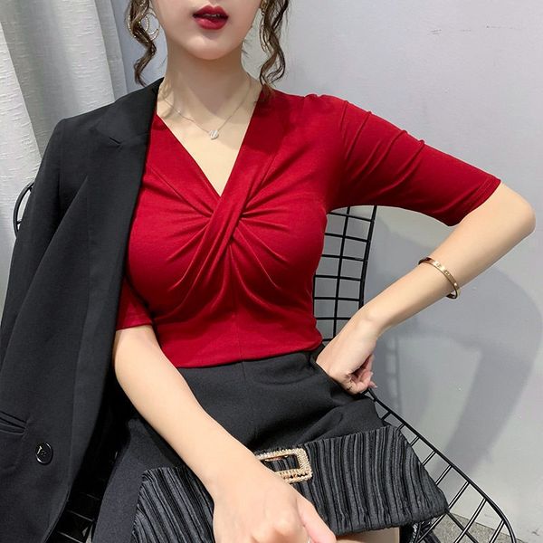 

oso1l summer 2020 women's v-neck solid color fold stitching sleeve female summer 2020 women's v-neck solid color fold stitching sl, White