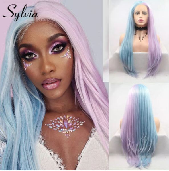 

сильвия фортепиано цвет розовый синий натуральные прямые волосы термостойкие волокна синтетические кружева фронт парик для белых женщин косп, Black