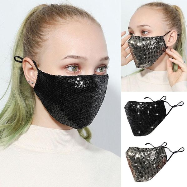 Disponibile Maschere per il viso in seta di ghiaccio con paillettes Bling Maschera per feste antipolvere Maschera per la bocca all'aperto Maschere in tessuto riutilizzabili lavabili FY9048