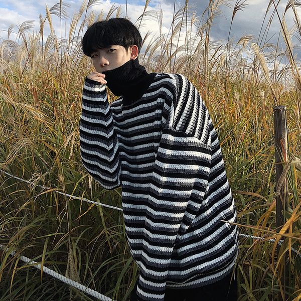 

мужской свитер 2020 новый красивый дикий ретро теплый полосатый свитер водолазка пара молодость личности мода мужская одежда, White;black