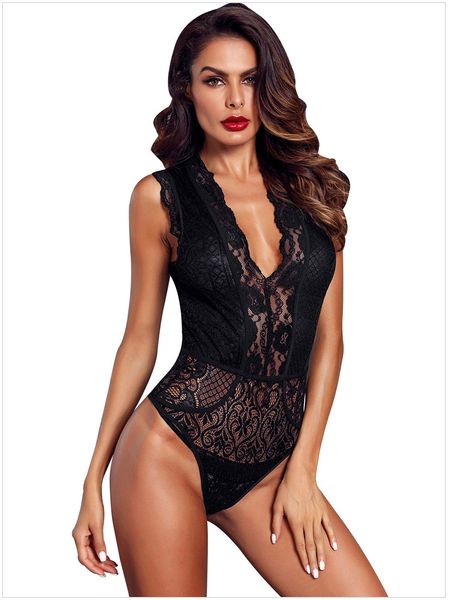 

women's deep v sheer lace bodysuit triangle one piece lingerie strappy teddy clubwear underwear rompers, Black;red