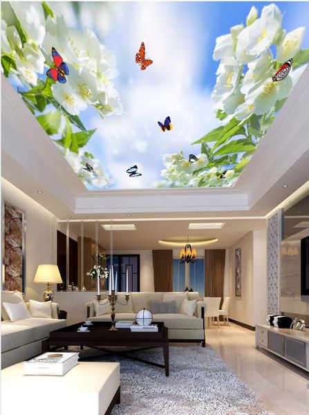 

beautiful flowers butterfly blue sky and white clouds ceiling fresco 3d ceilings