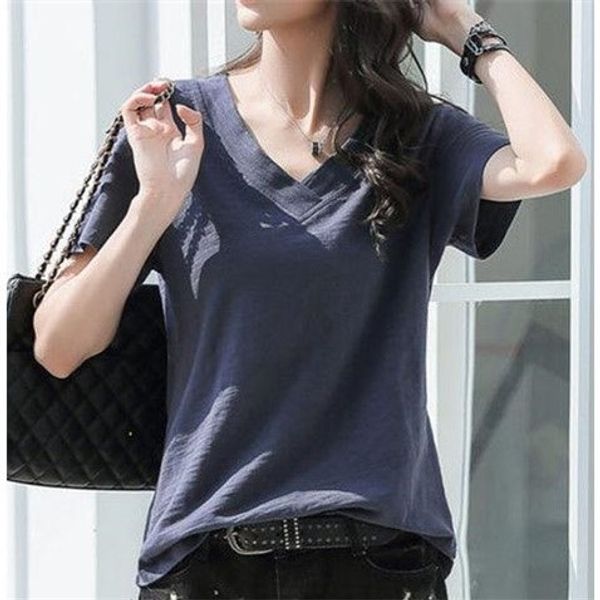 

короткий рукав бамбука хлопка женщин 2020 лето 95 t- хлопка v-образным вырезом рыхлый тонкий универсальный половина рукав футболки базовой р, White