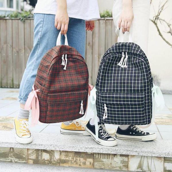 

female shoulder bag travel backpack handbag outdoor sports plaid style canvas teenagers girl school backpack