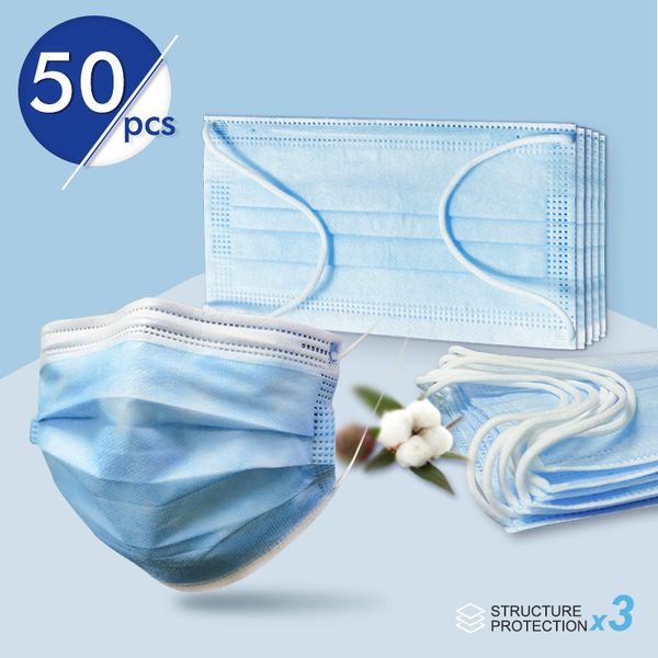 

50pcs profession disposable in stock 3-ply pm2.5 blue dust elastic mouth soft breathable face protective daily mask