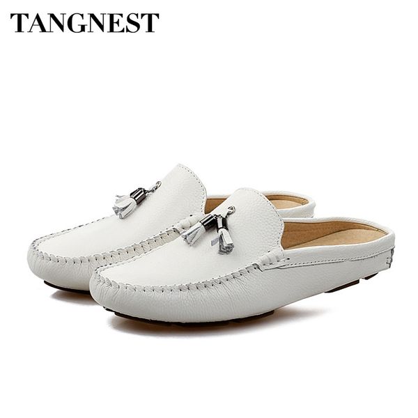 

tangnest summer men genuine leather loafers breathable flat shoes lazy men fringe slippers outdoor comfort casual shoes xmr2840, Black