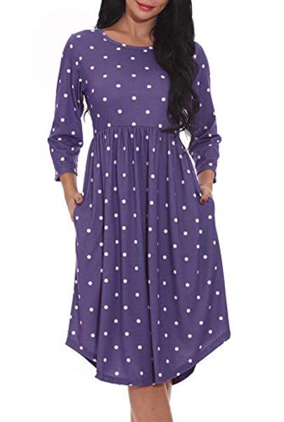

chvity women 3/4 sleeve pleated polka dot loose swing midi dress empire waist casual dress with pocket, Black;gray