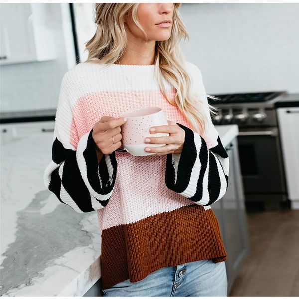 

casual sweater women autumn winter clothes 2019 o-neck long flare sleeve striped sweaters loose knitted pullover pink, White;black