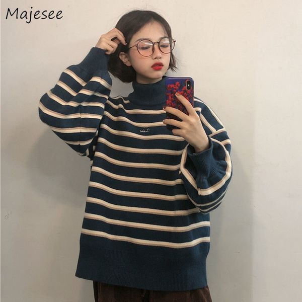 

winter clothes women sweater turtleneck striped simple all match womens korean style high fashion harajuku pullovers casual warm, White;black