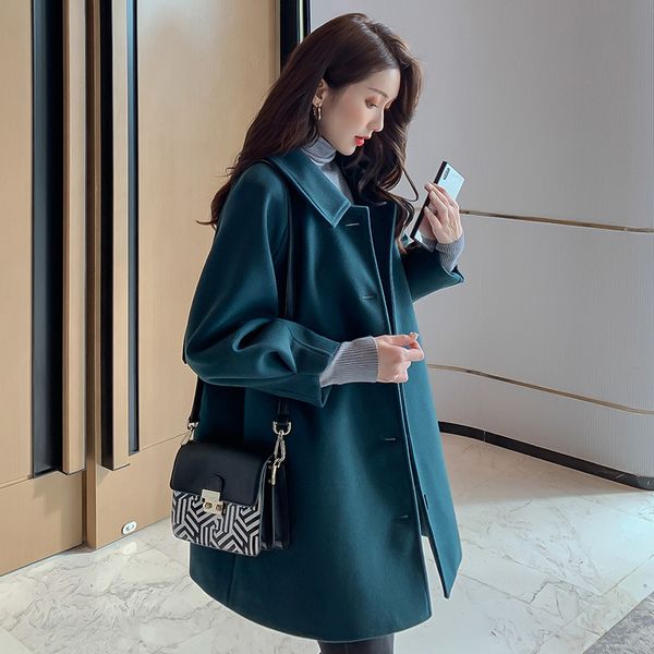 

woolen coat women casual midi korean fall winter warm long sleeve button cardigan fashion elegant office work lady woolen coats, Black