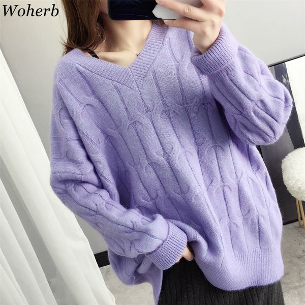 

woherb new 2019 autumn winter women's oversized sweaters v-neck pullover fashionable korean style knitting jumoer casual solid, White;black
