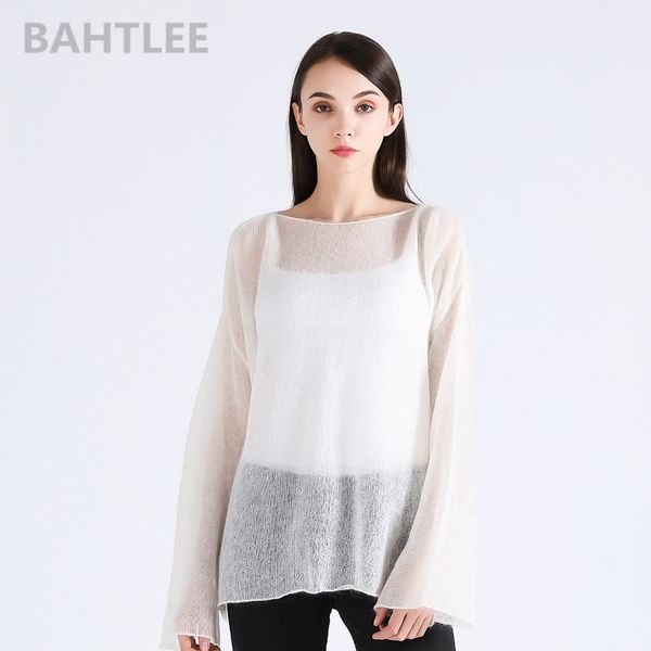 

bahtlee spring autumn women's mohair wool knitted pullovers sweater slash neck flare sleeve thin looser and comfortable, White;black