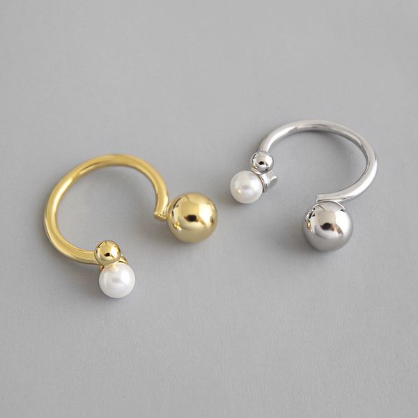 

pure 925 sterling silver geometric round beads pearl open rings new simple adjustable statement ring for women, Black