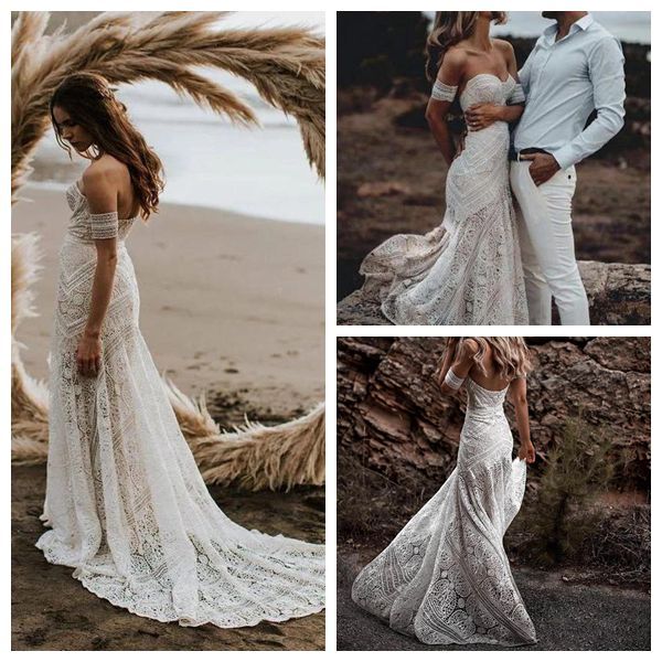 Romantic Off The Shoulder Boho Wedding Dress With Sweep Train Lace Simple Beach Bridal Gown Illusion Bodice Vestidos De Novia Lace Wedding Gowns Long