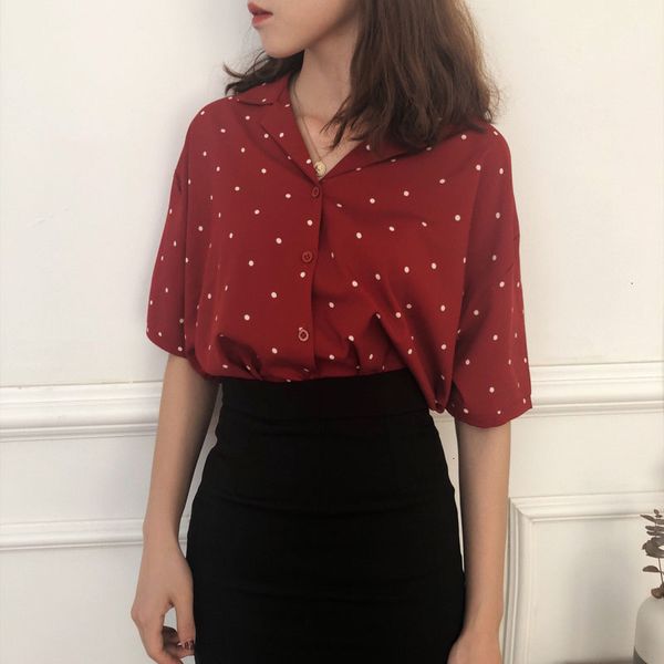 

ladies designer blouse women shirts women chiffon single breasted polka dot notched loose polka dot korean simple blouses, White