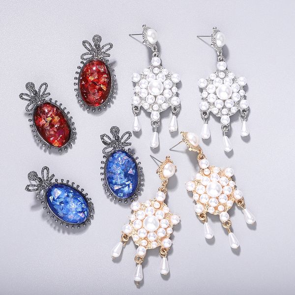 

dvacaman handmade retro simulated pearl tassel long drop earrings for women big oval glass statement earrings fashion jewelry, Silver