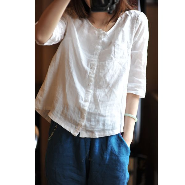 

2020 summer new women's candy color cotton linen short round neck middle sleeve shirt cardigan -04, White