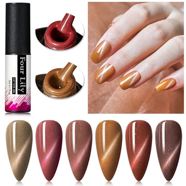

four lily 5ml cat eye gel nail polish long lasting shining laser cat eye magnetic soak off uv led nail art gel varnish lacquer, Red;pink