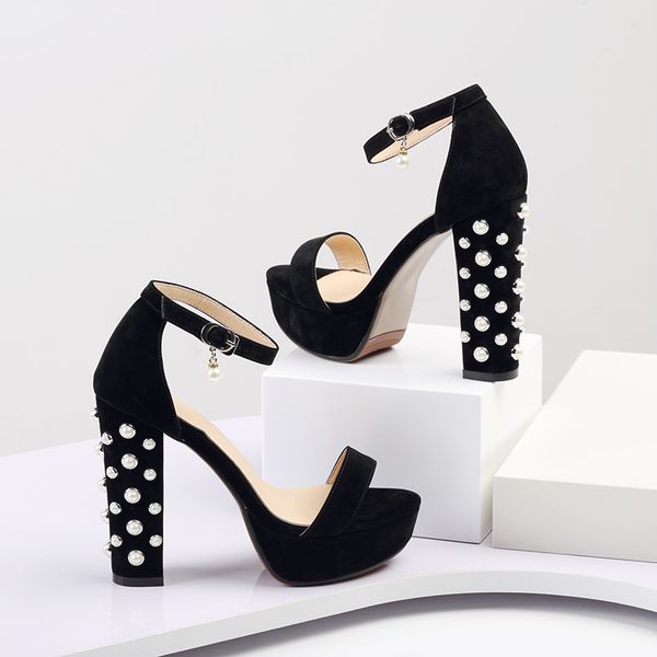 

1 classic sandals pearl shoes lady summer designer shoe peep toe sandals beading leather high-heeled women's shoes 12cm large size, Black