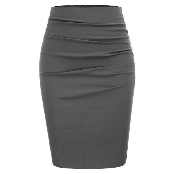 

ladies women ruched skirt vintage office work business solid color pleated front hips-wrapped skirts bodycon pencil skirt faldas, Black