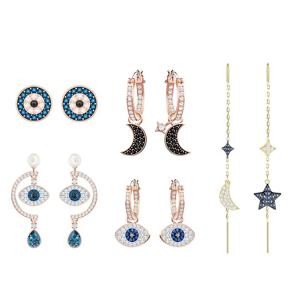 

fahmi swa duo xingyue long earrings devil eye studs symmetrical chain design, stars and moon patterns create an elegant and romantic look, Black