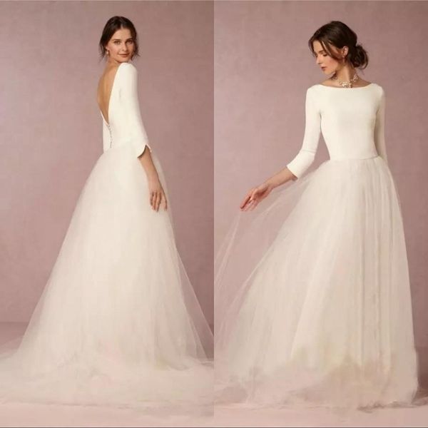 

modest vintage wedding dresses a line backless bridal gowns with sleeves simple design tulle skirt sweep train, White