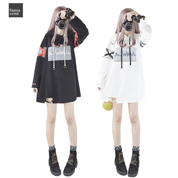 

streetwear 2019 корея женщины лолита длинные толстовки электрокардиограф японский harajuku моды графический женский белый блуза с сердцем ka, Black
