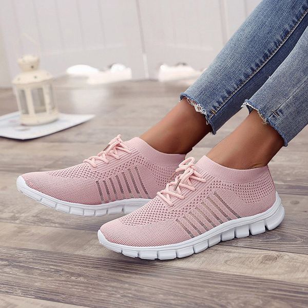 

autumn women vulcanized shoes mesh knitting stretch flat platform fashion ladies lace up sneakers female breathable loafers 2019, Black