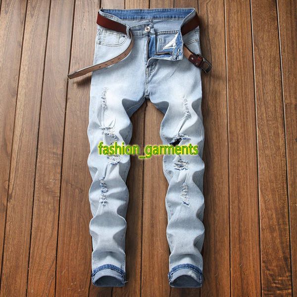 

2019 new fashion slim jeans mens torn pants straight mens locomotive big holes jeans mens stylist trousers, Blue