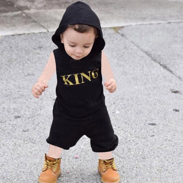 

summer baby boys sleeveless king letter print hooded +shorts 2 pcs 2020 new, White