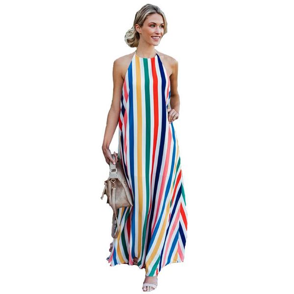 

2020 summer long dresses women rainbow striped beach maxi dresses sleeveless halter backless lady boho dresses, Black;gray