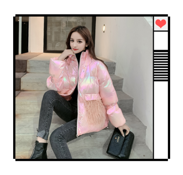 

winter fashion shiny cotton coat women's design sense fringed pockets small man loose cotton tide, Black