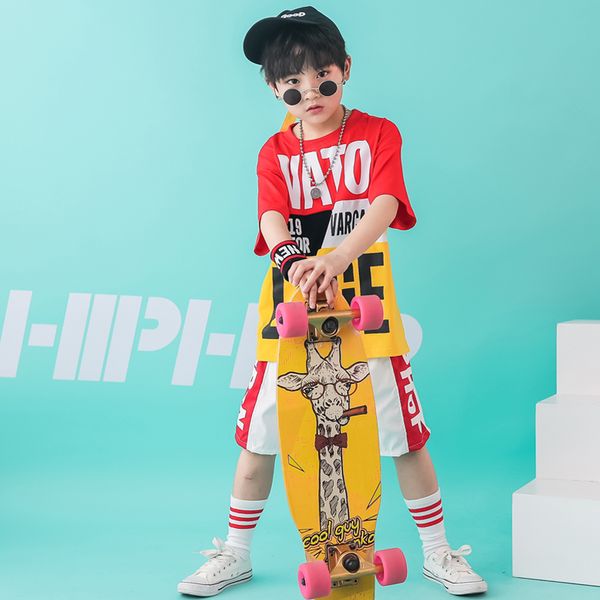 

children hip hop clothing loose cotton t shirt for girls boys jazz dance costume ballroom recital dancing clothes wear suit, Black;red