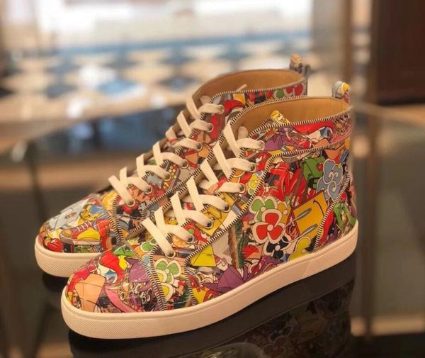 

[original-box] red bottom men women fashion spikes high-sneakers super loubi print graffiti leather casual,jogging walking sale, Black